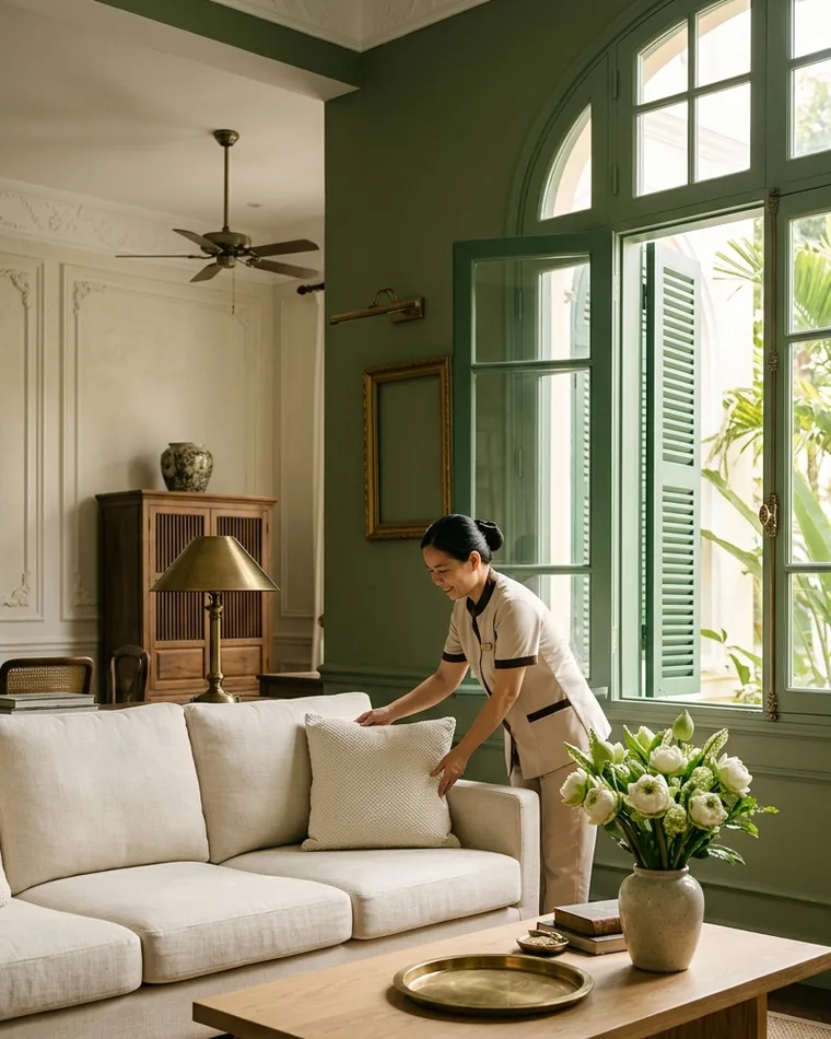 Housekeeper arranging cushions in a Hanoi villa living room